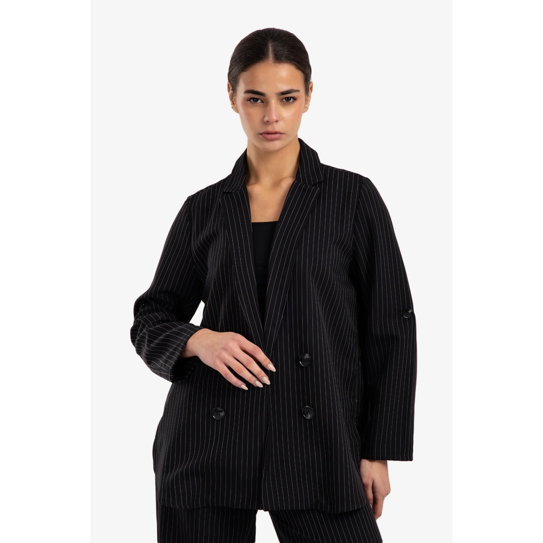 بليزر مخطط بياقة مدببة - أسود - 18293