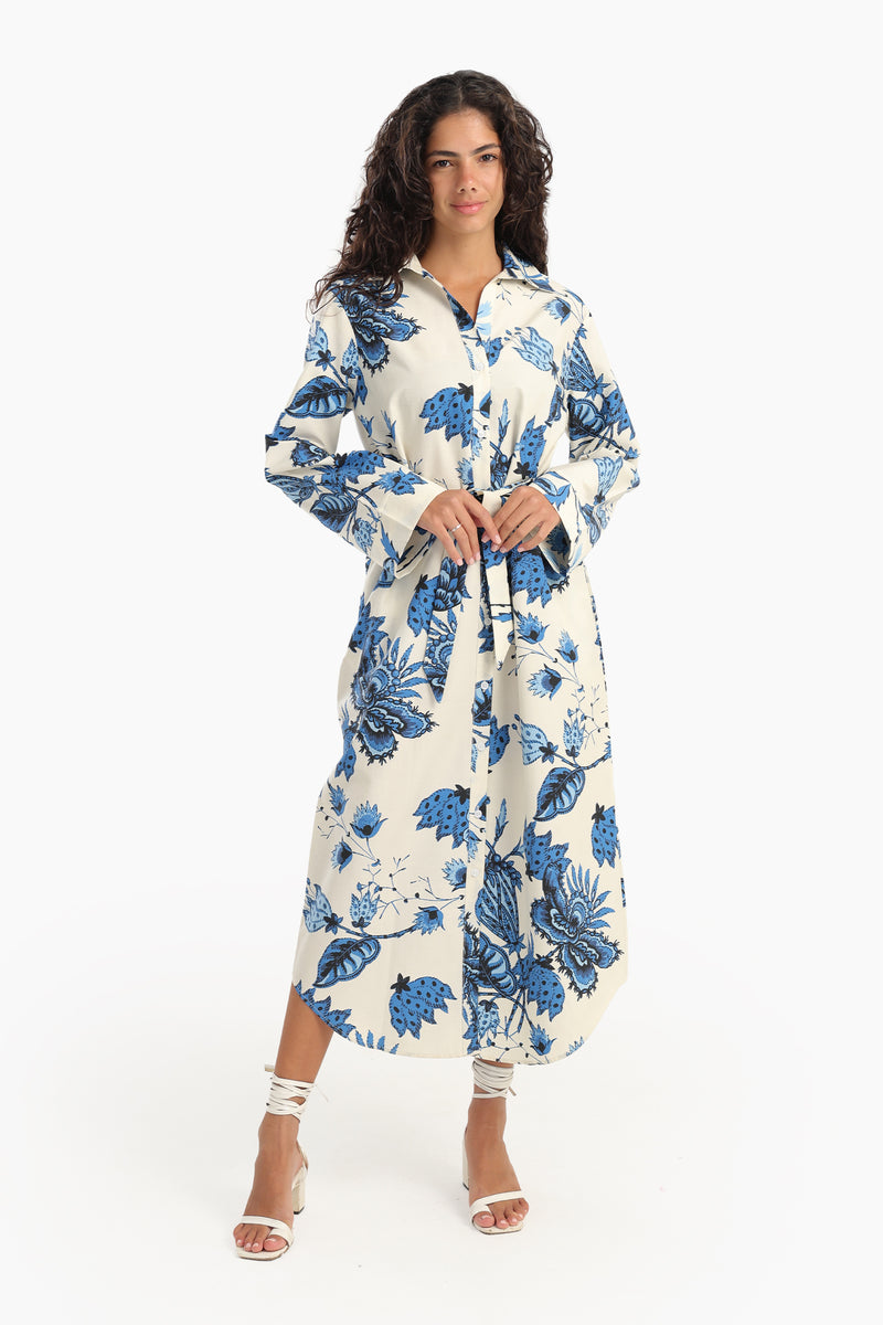 فستان كارينا ميدي بطبعة مشجر - أوف وايت/أزرق 56251