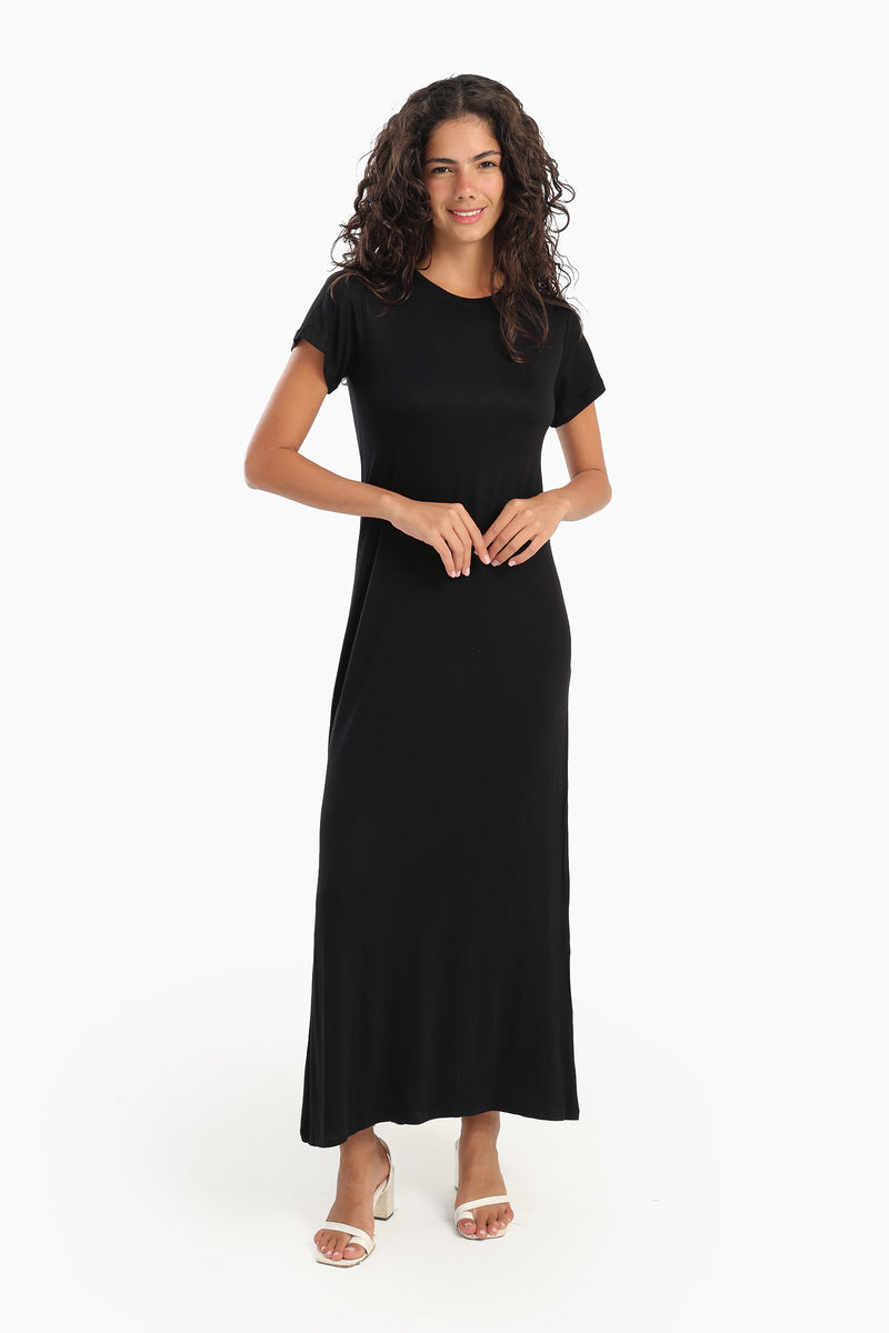 فستان كارينا متوسط الطول سادة - أسود 56790