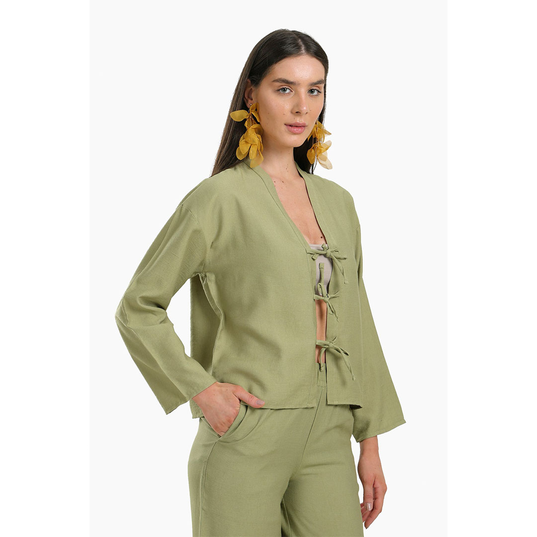 بلوزة برباط أمامي - زيتي 17890