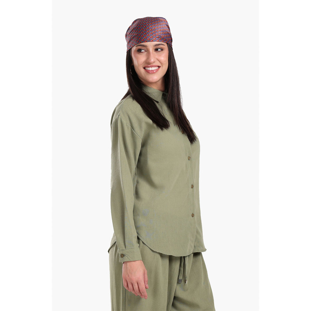 قميص Tencel كلاسيكي مريح بكم حريمي - زيتي