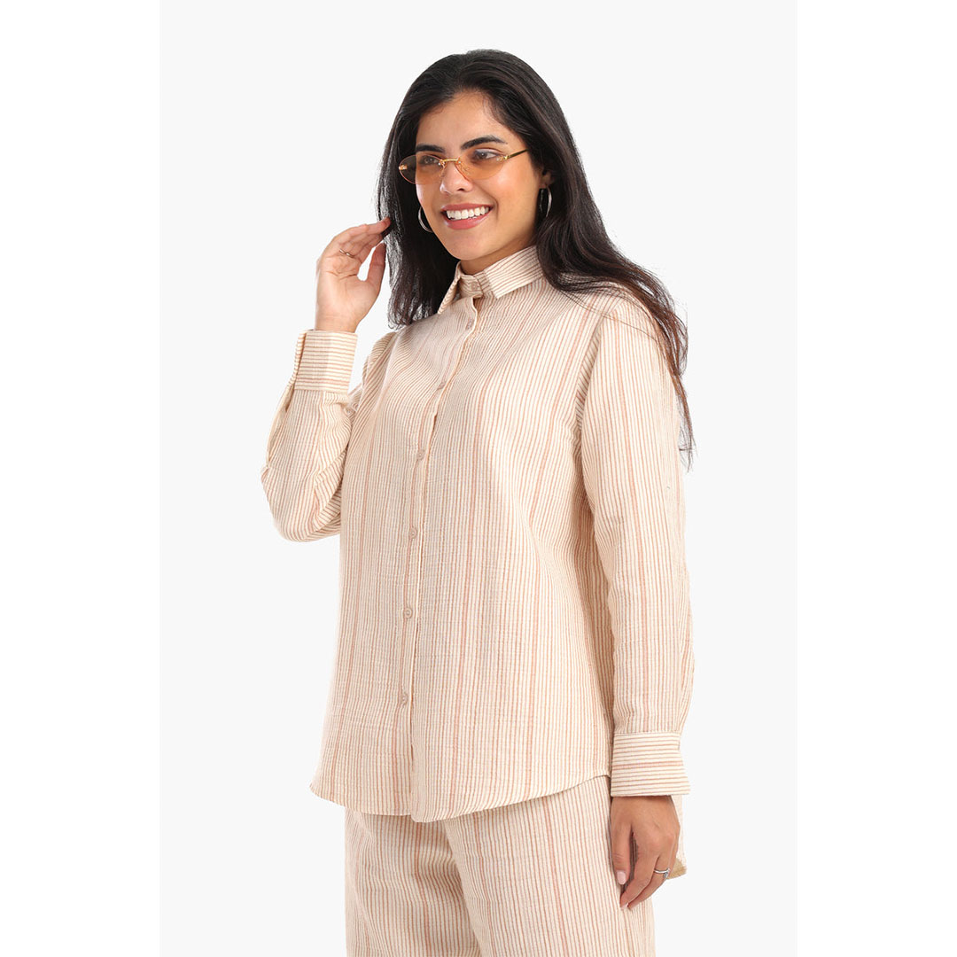 قميص كلاسيكي مخطط من مزيج القطن حريمي - بيج