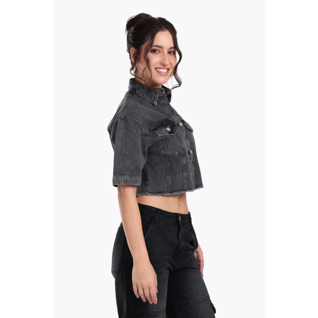 قميص جينز رمادي قصير حريمي - 17942