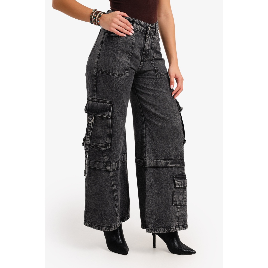 بنطلون جينز كارجو حريمي - رمادي - 17947