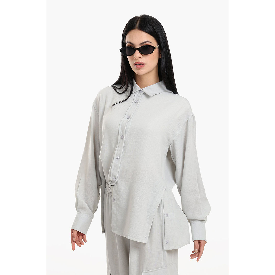قميص صالة بفتحة بأزرار بكم حريمي - رمادي