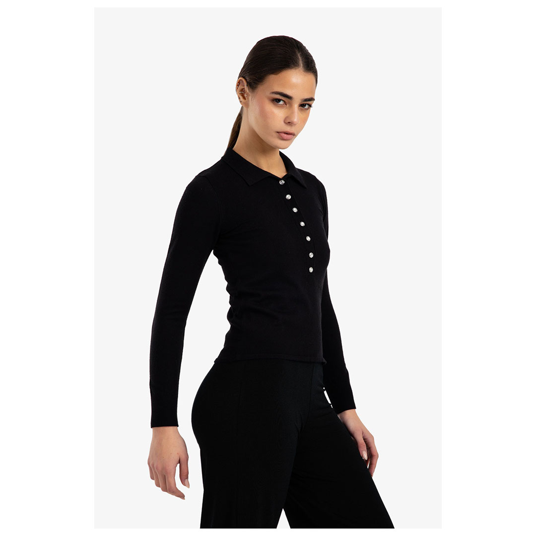 بلوفر صوف ضيق بأزرار حريمي - أسود - 18179