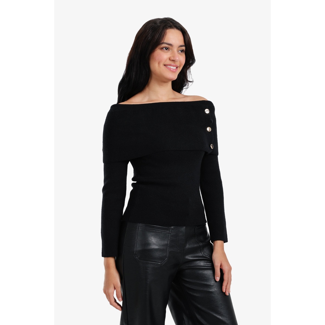 بلوفر صوف مضلعة مكشوفة الكتفين - 18207