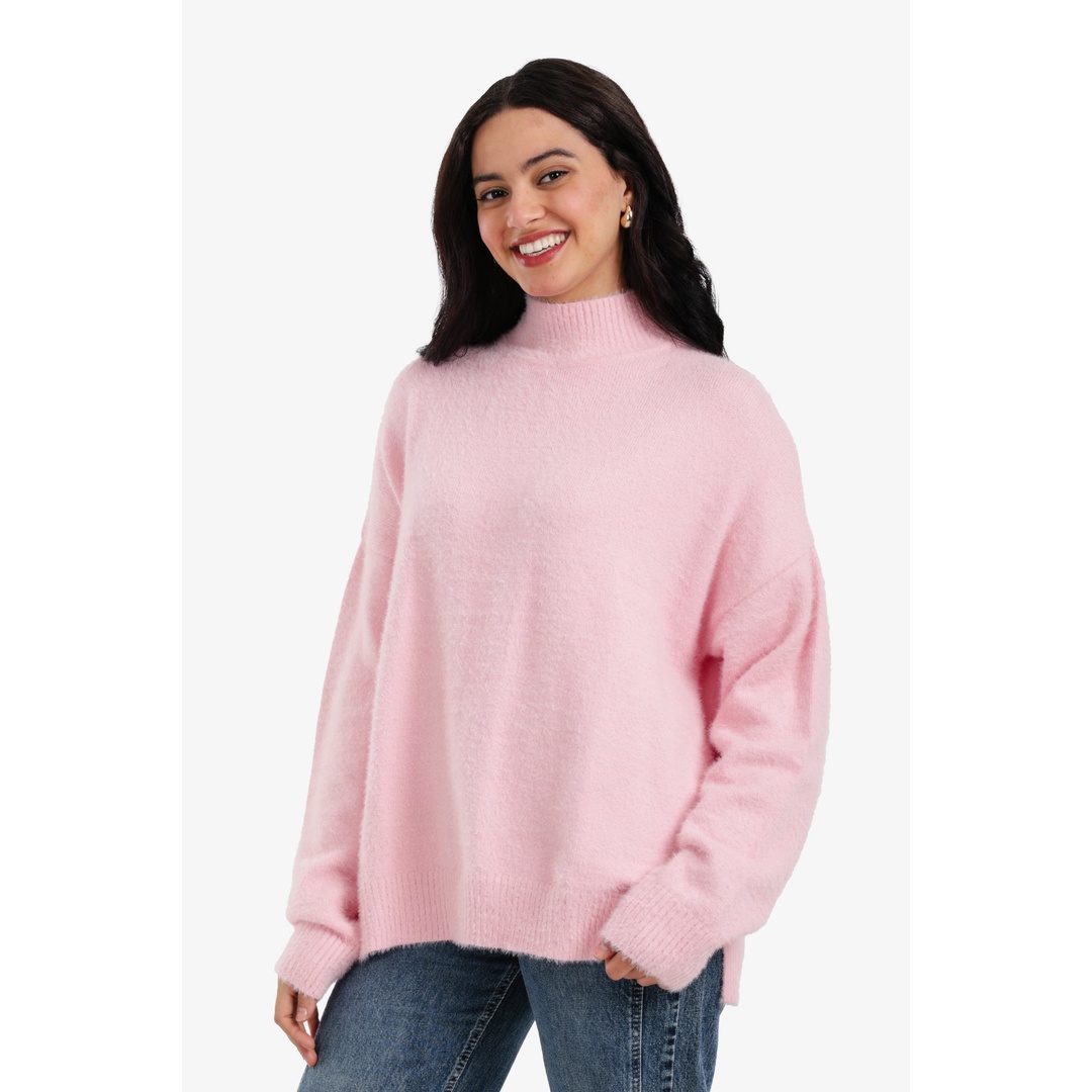 بلوفر صوف مريحة بياقة عالية - روز - 18221