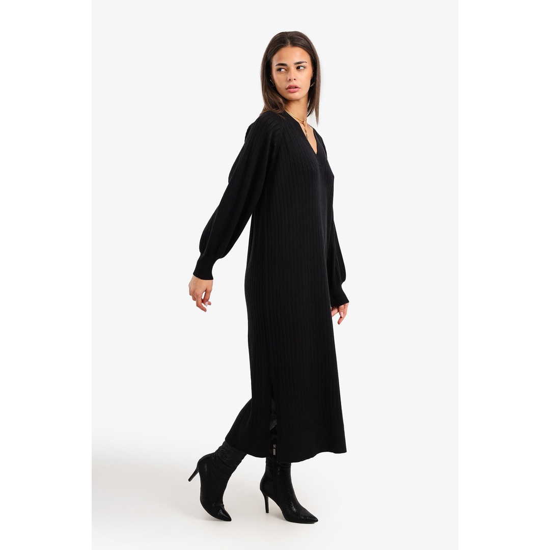 فستان ميدي مضلع بياقة على شكل حرف V - 18239