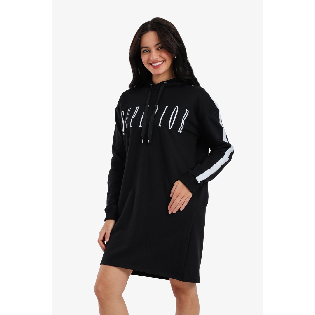 فستان سويت شيرت بغطاء رأس - أسود - 18319