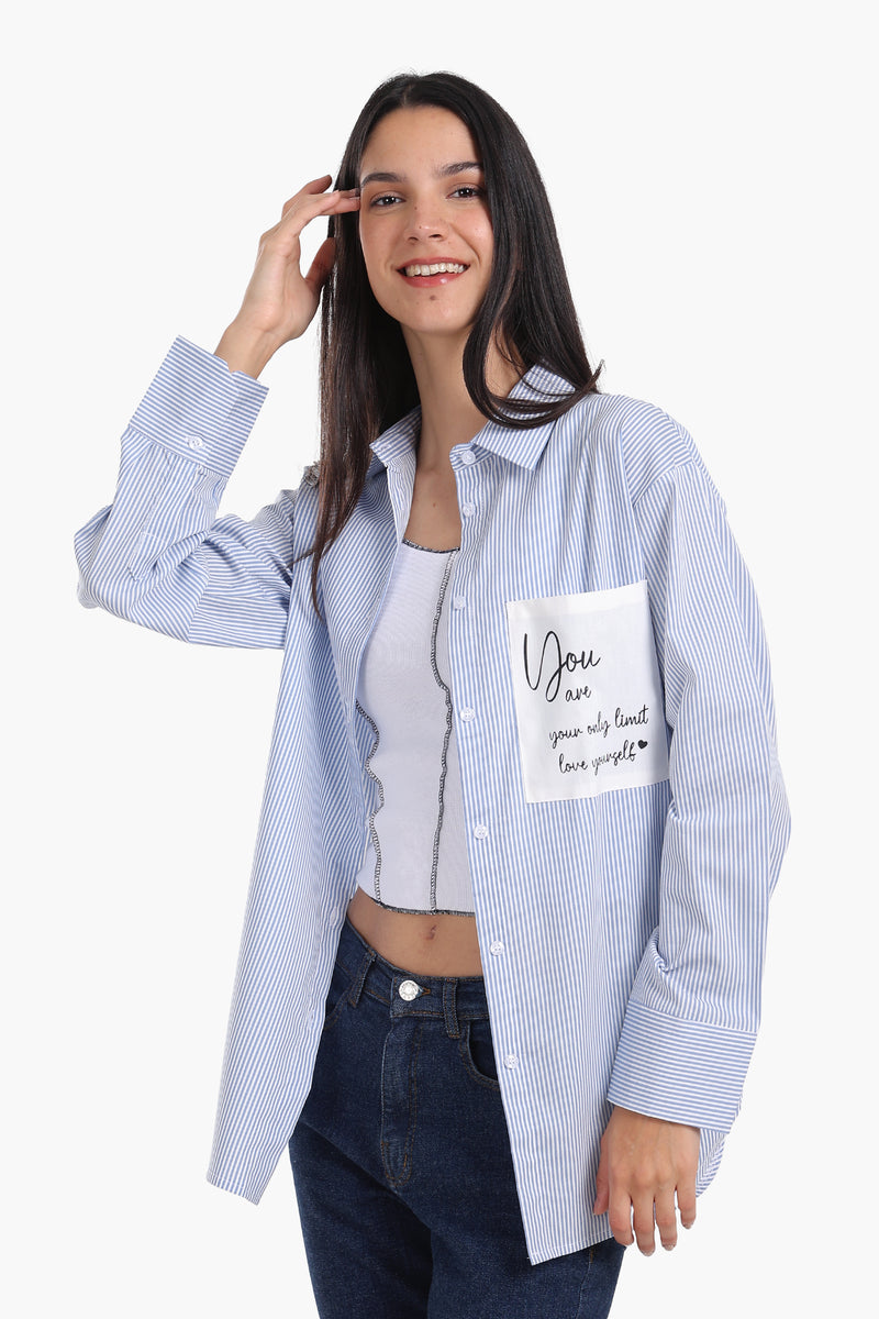 قميص كارينا مخطط مع جيب مطبوع - أزرق 56942