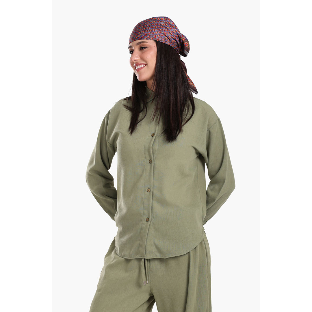 قميص Tencel كلاسيكي مريح بكم حريمي - زيتي