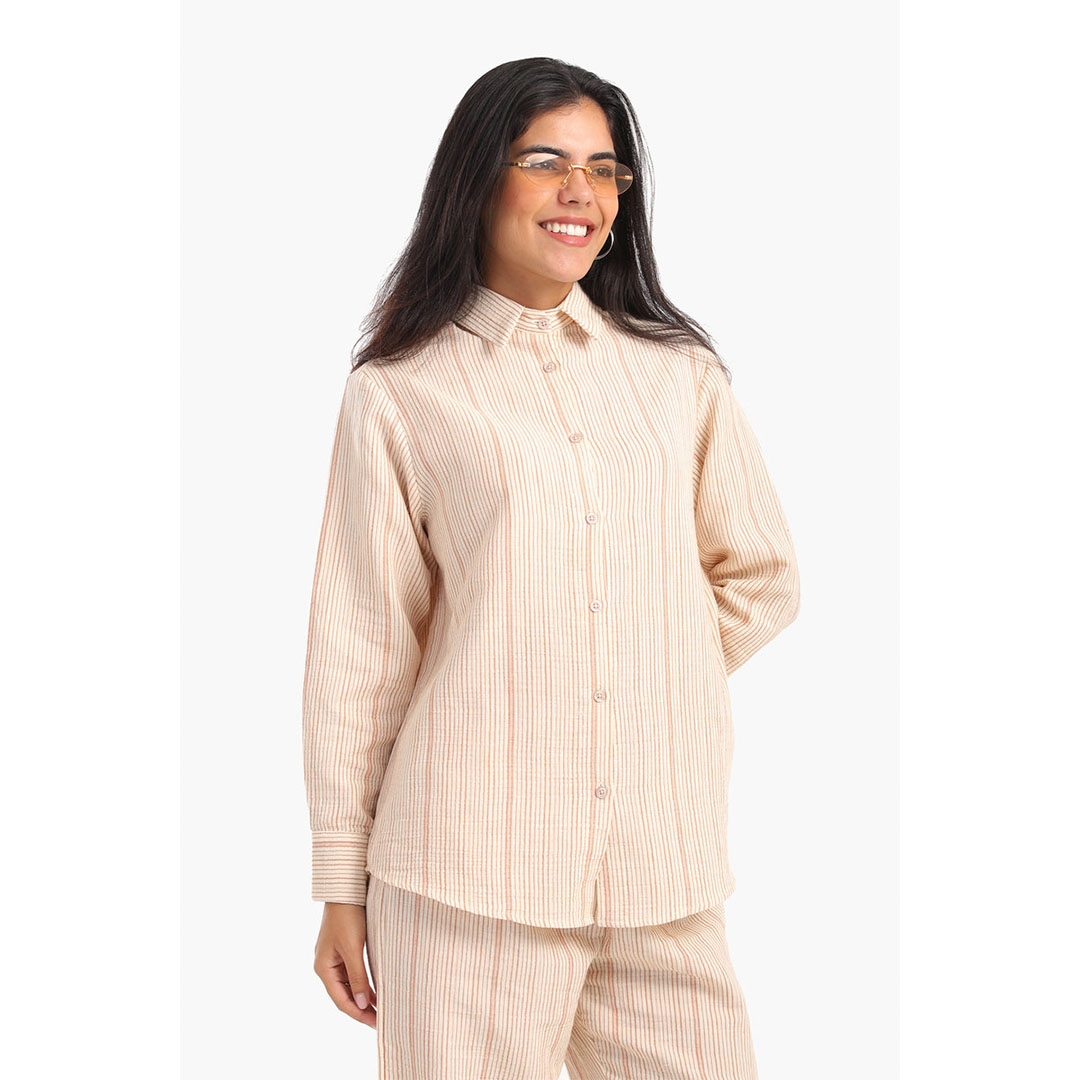 قميص كلاسيكي مخطط من مزيج القطن حريمي - بيج