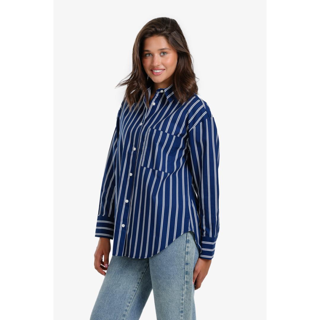 قميص مخطط بأزرار بوبلين حريمي - 18094