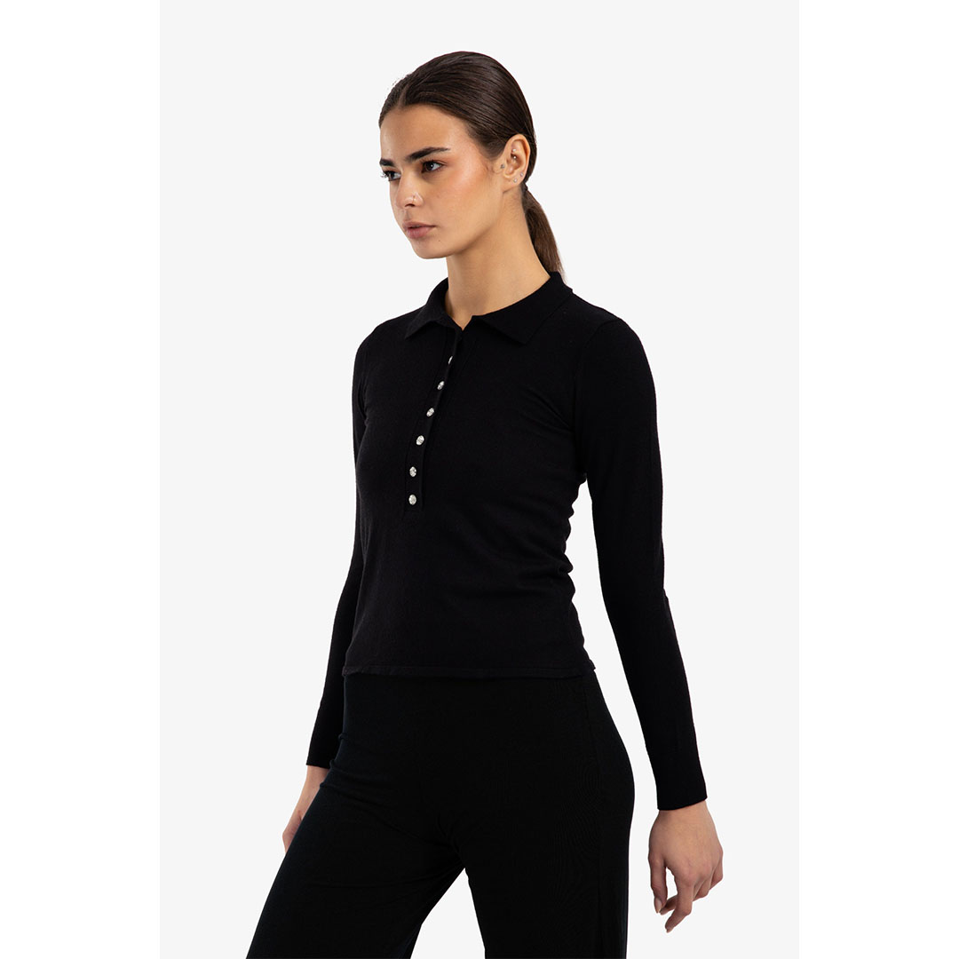 بلوفر صوف ضيق بأزرار حريمي - أسود - 18179