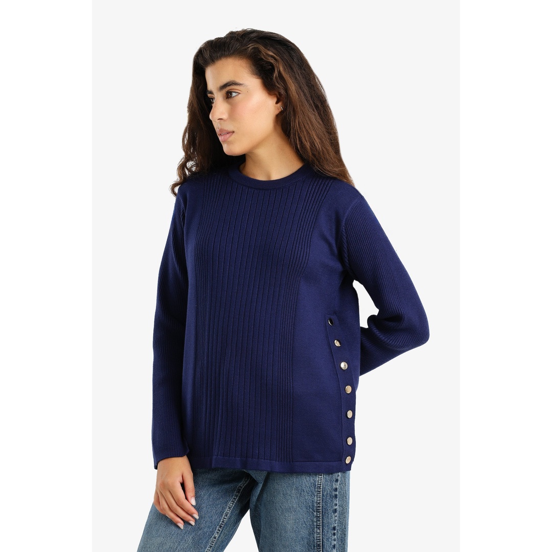 بلوفر صوف مضلع بأزرار جانبية - كحلي - 18215