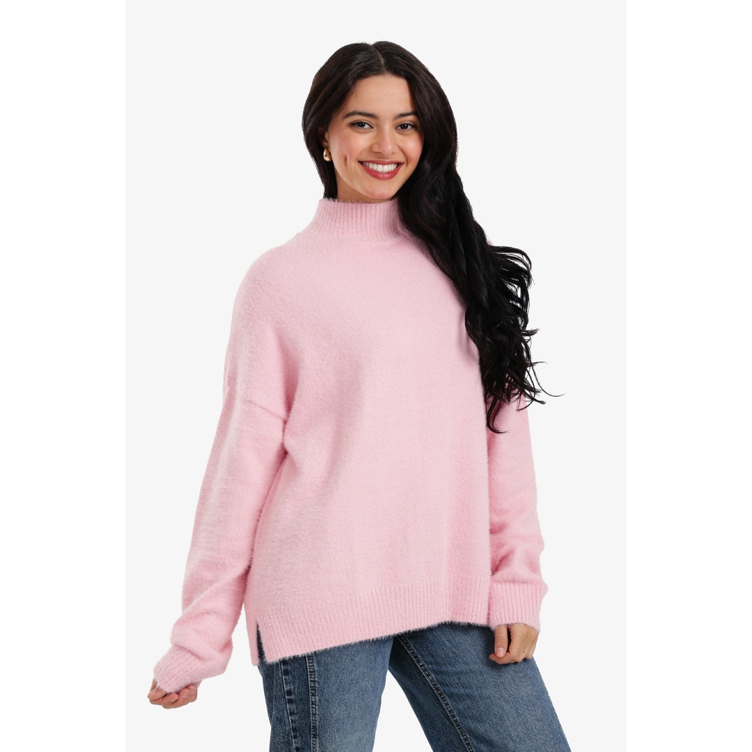 بلوفر صوف مريحة بياقة عالية - روز - 18221