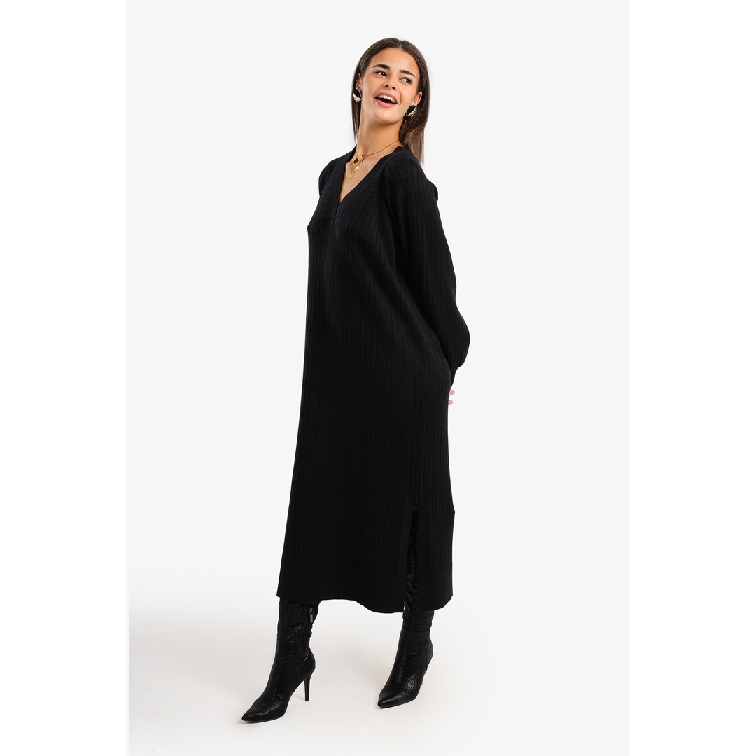 فستان ميدي مضلع بياقة على شكل حرف V - 18239