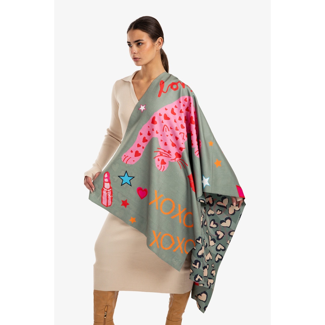 شال مطبوع على الوجهين - زيتي - 18308