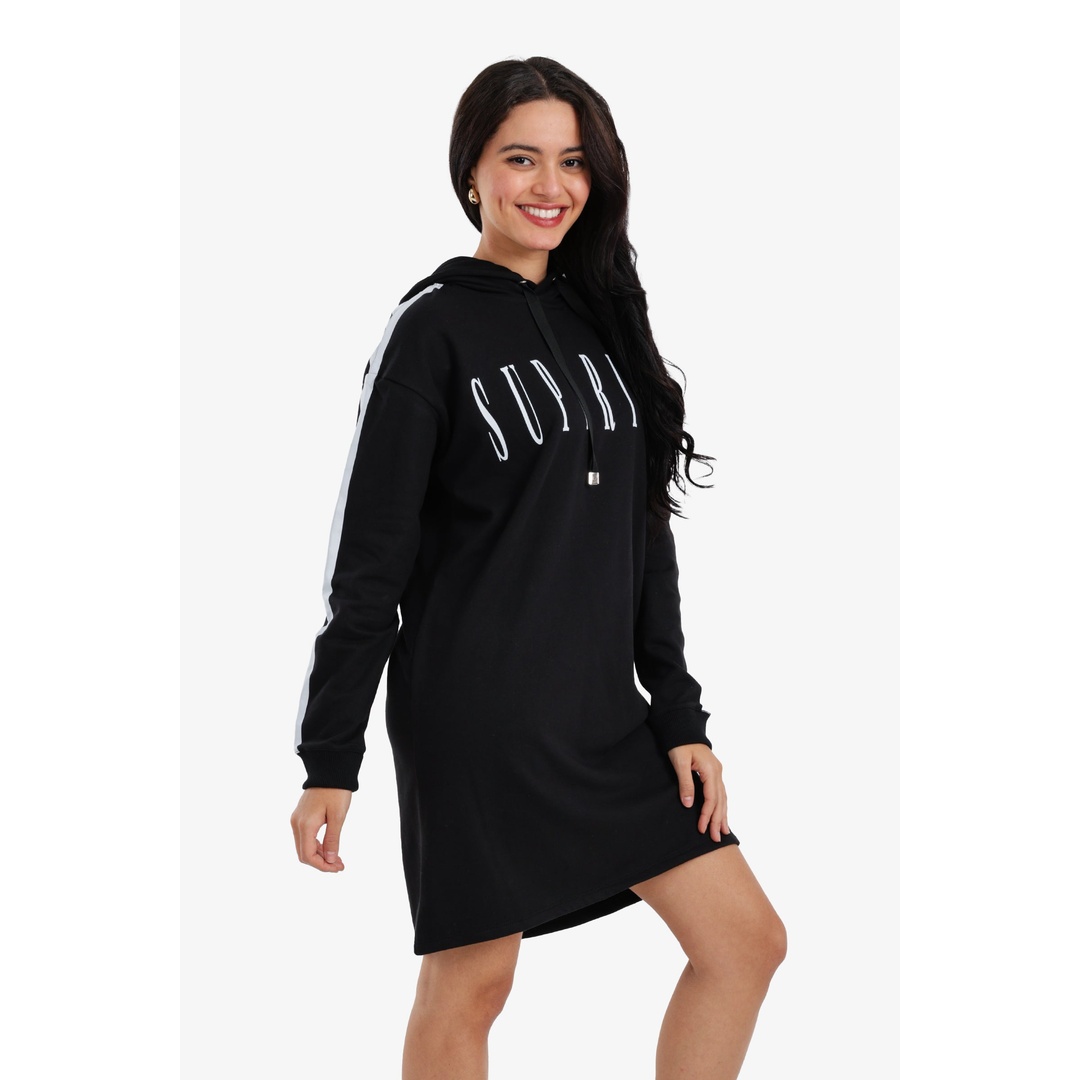 فستان سويت شيرت بغطاء رأس - أسود - 18319