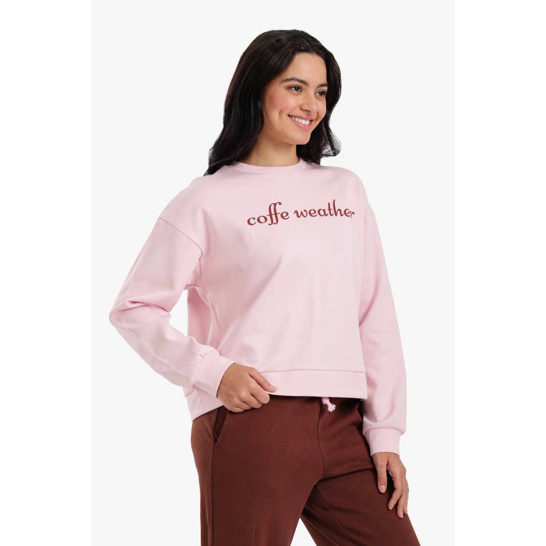 سويت شيرت مطبوع للارتداء المنزلي - بينك - 18382