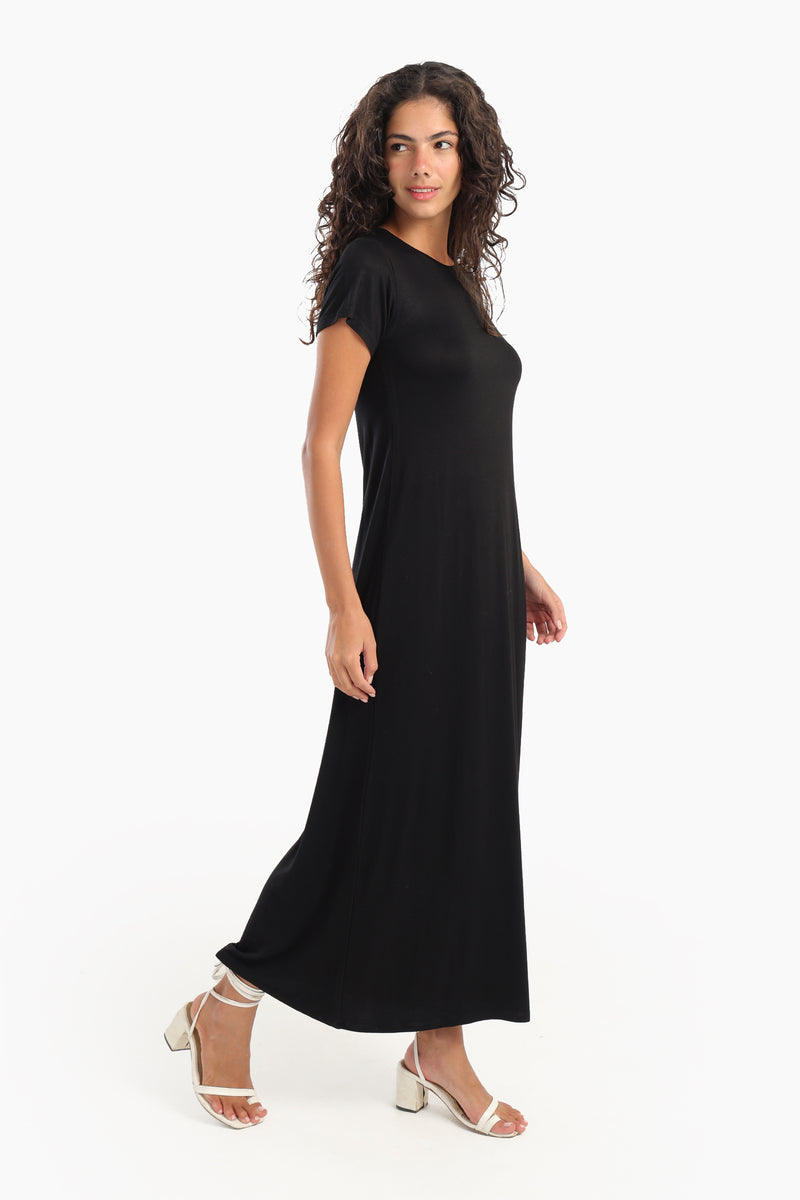 فستان كارينا متوسط الطول سادة - أسود 56790