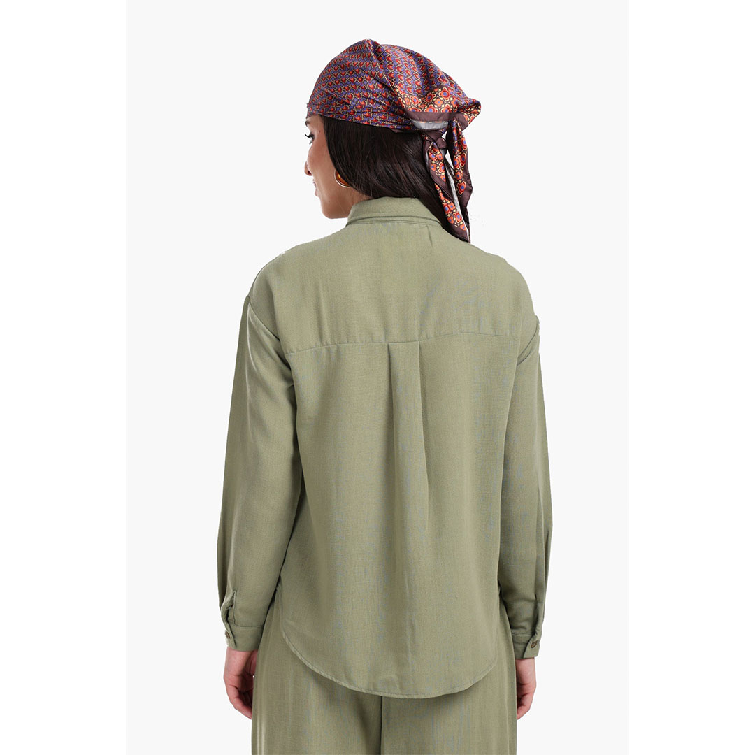 قميص Tencel كلاسيكي مريح بكم حريمي - زيتي