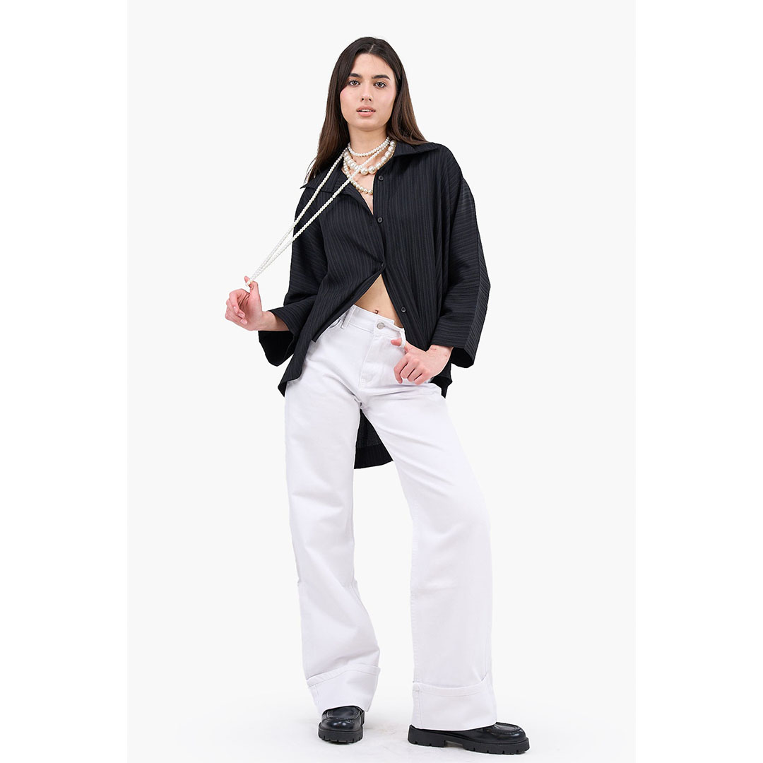 بنطلون جينز ذو حافة مطوية حريمي - أبيض