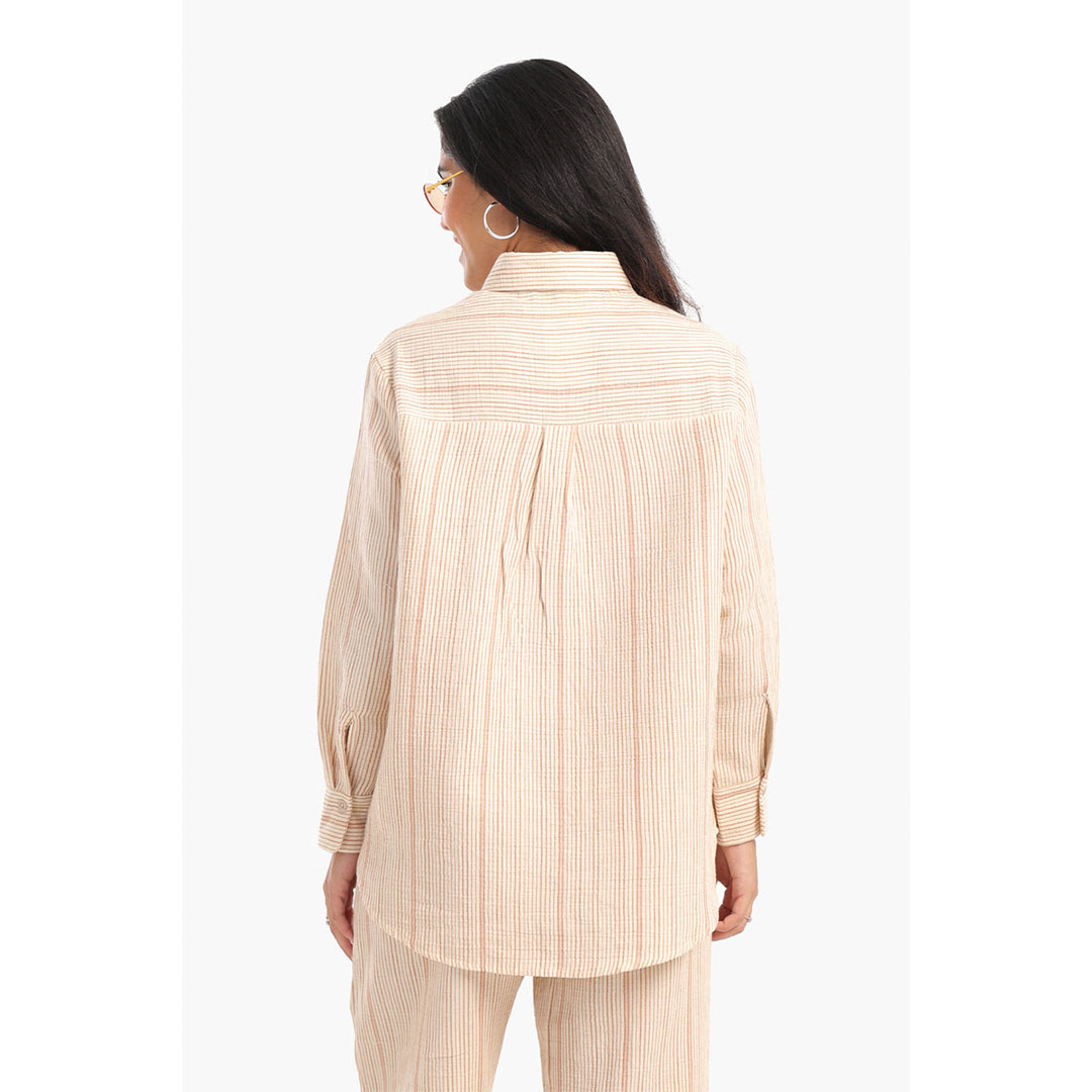 قميص كلاسيكي مخطط من مزيج القطن حريمي - بيج