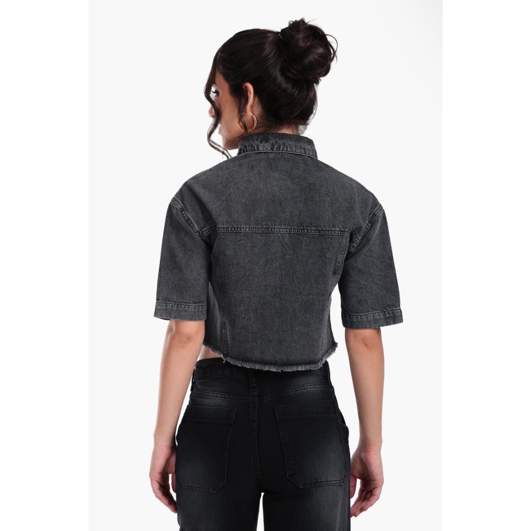 قميص جينز رمادي قصير حريمي - 17942