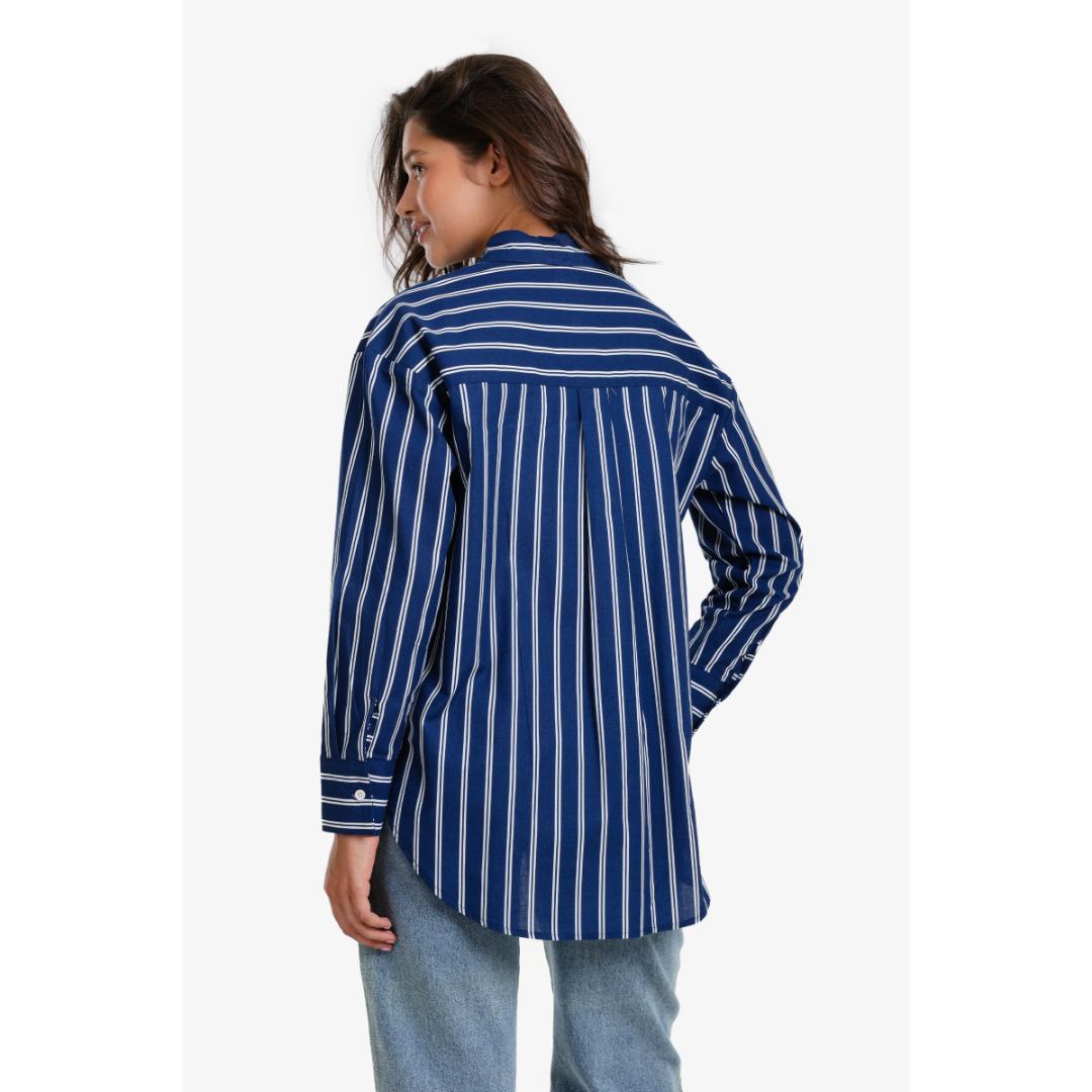 قميص مخطط بأزرار بوبلين حريمي - 18094