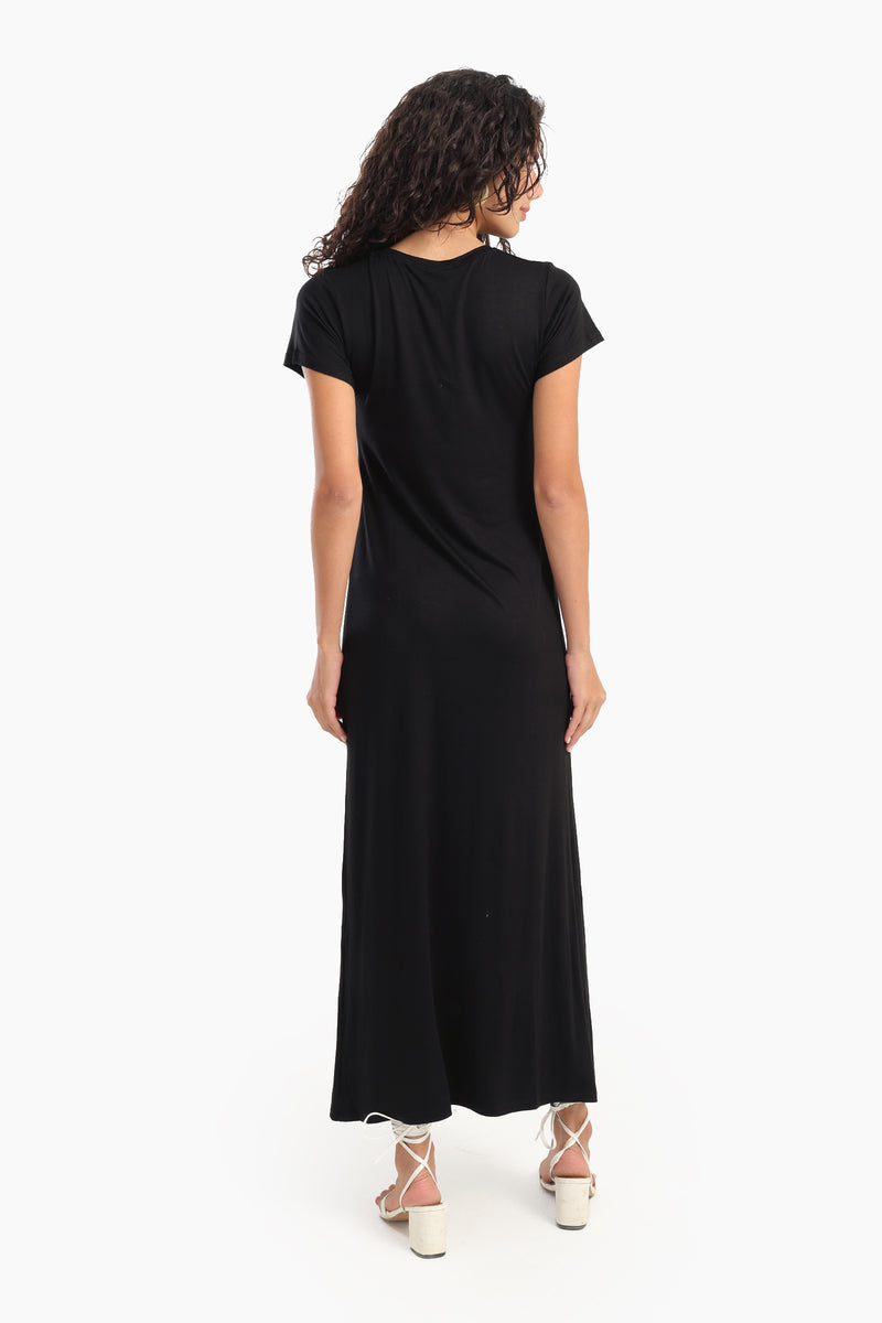 فستان كارينا متوسط الطول سادة - أسود 56790