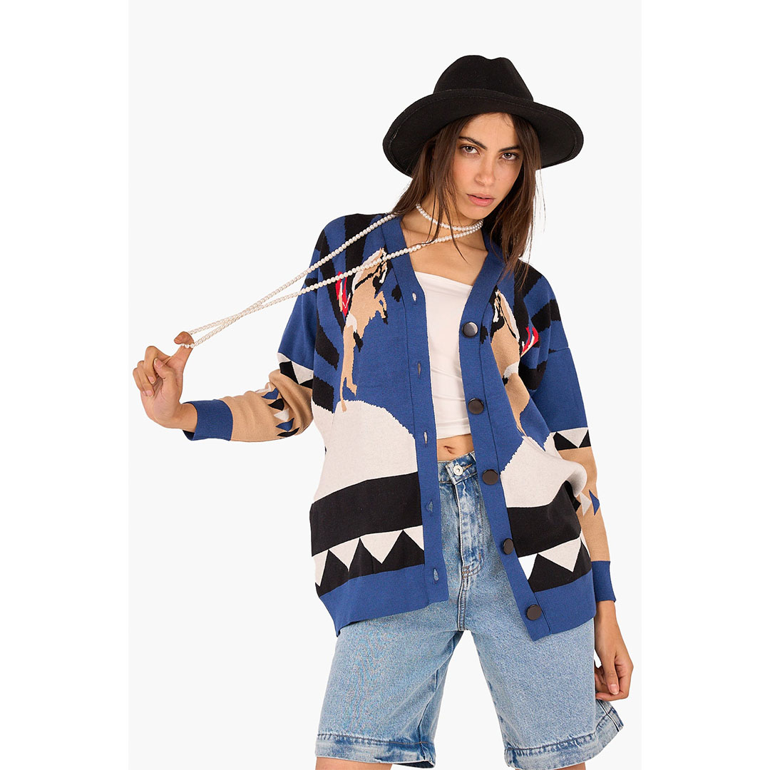 كارديجان مطبوع عليه حصان حريمي - أزرق