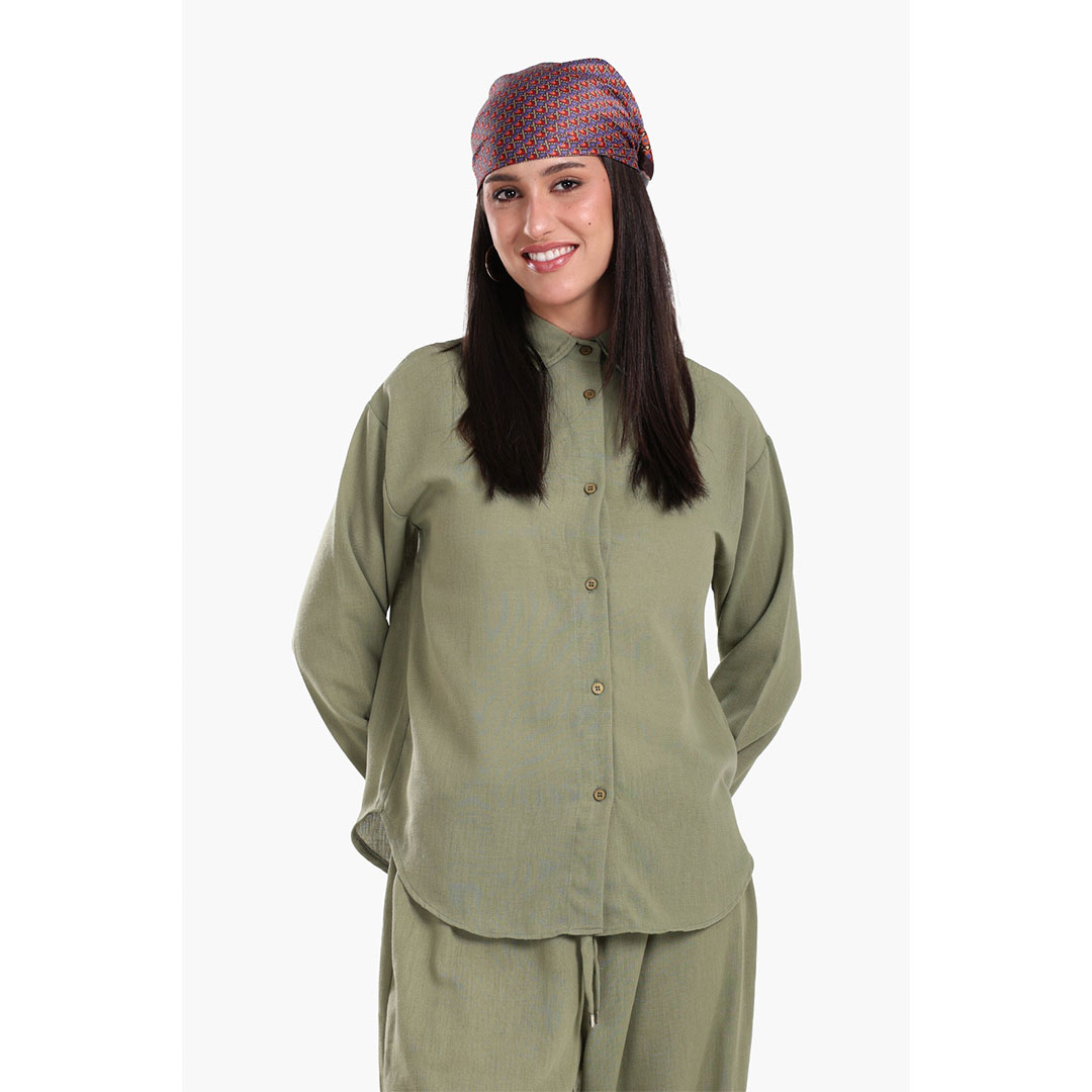 قميص Tencel كلاسيكي مريح بكم حريمي - زيتي