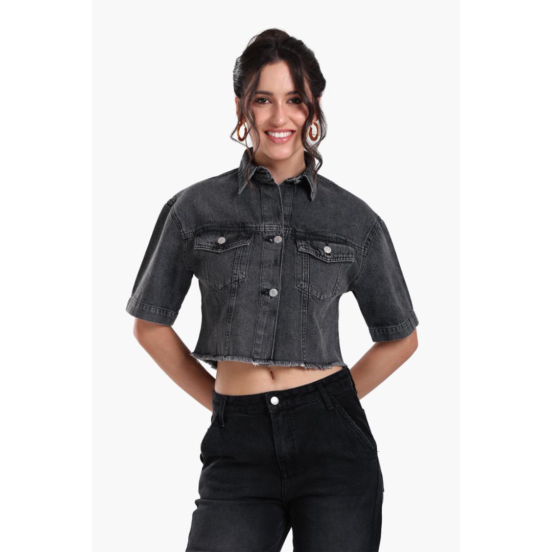 قميص جينز رمادي قصير حريمي - 17942