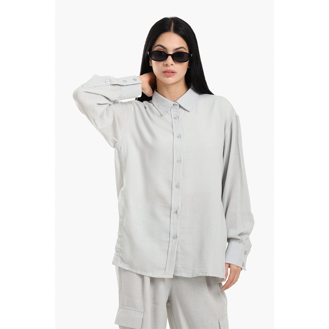 قميص صالة بفتحة بأزرار بكم حريمي - رمادي