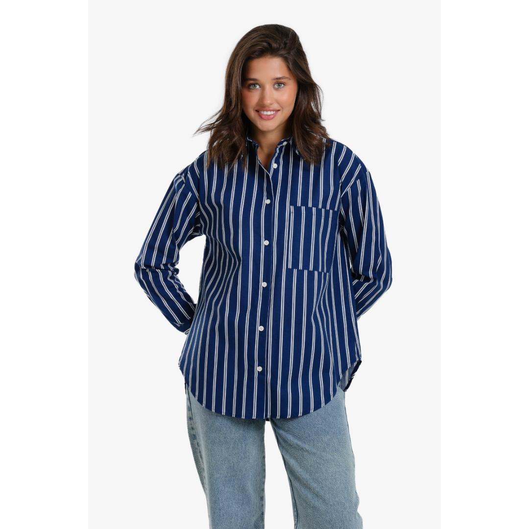 قميص مخطط بأزرار بوبلين حريمي - 18094