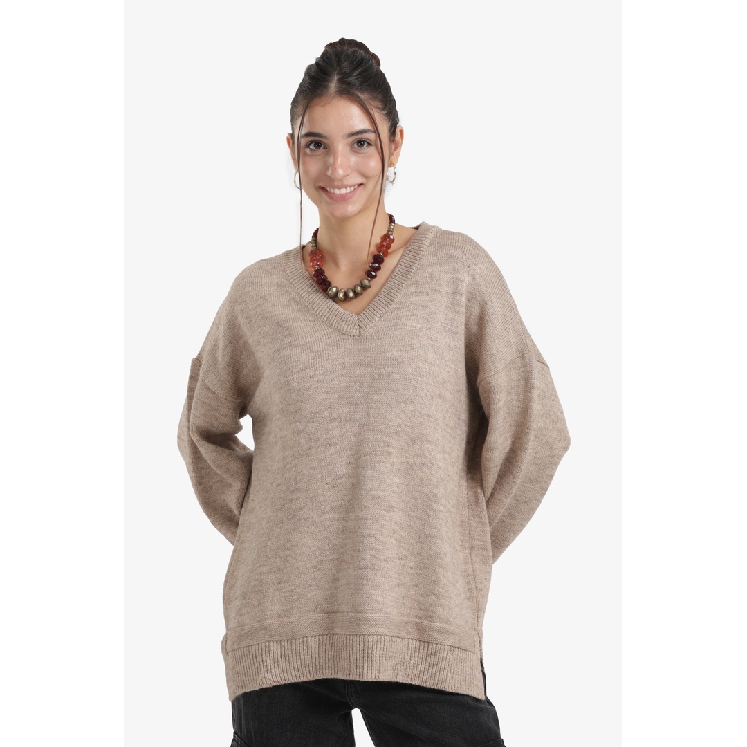 بلوفر صوف مضلع بياقة على شكل حرف V - 18134