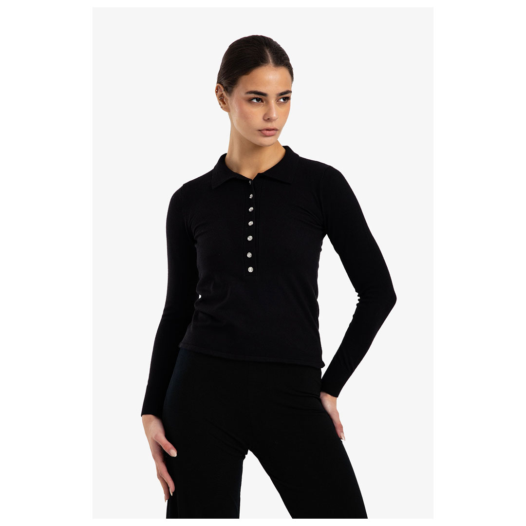 بلوفر صوف ضيق بأزرار حريمي - أسود - 18179