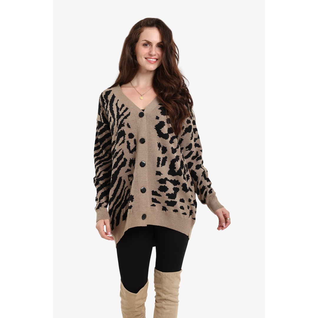 كارديجان صوف بنقشة جلد النمر - كافية - 18196