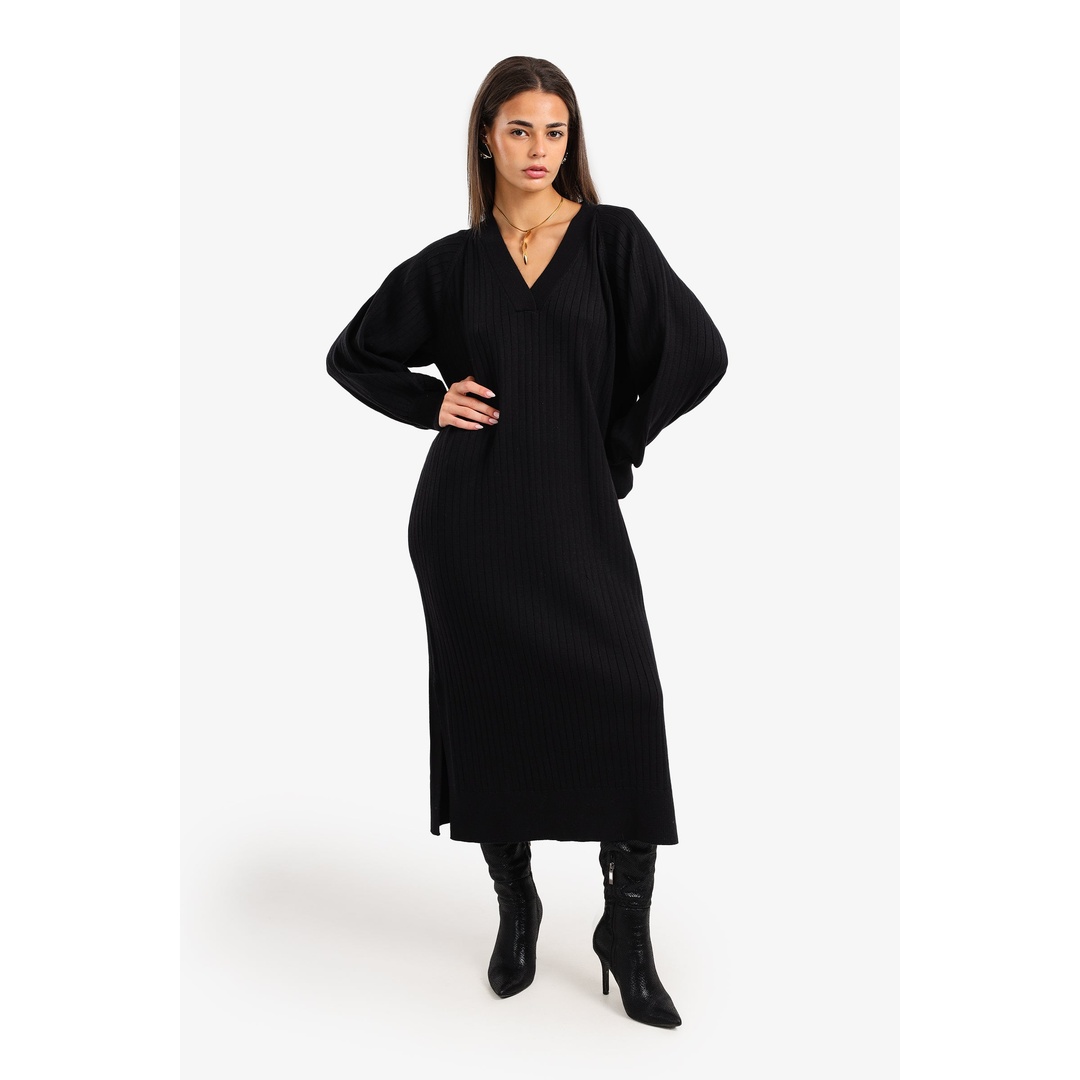 فستان ميدي مضلع بياقة على شكل حرف V - 18239