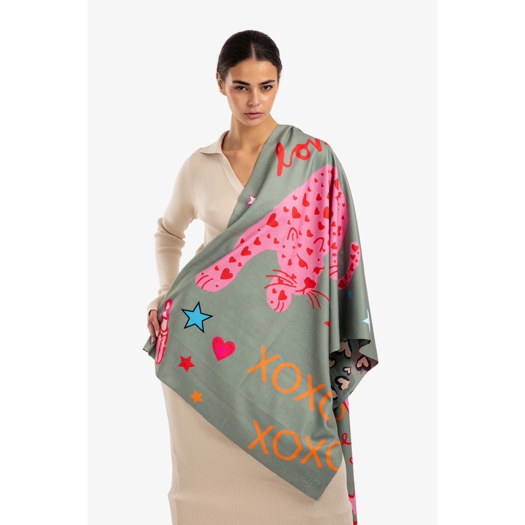 شال مطبوع على الوجهين - زيتي - 18308