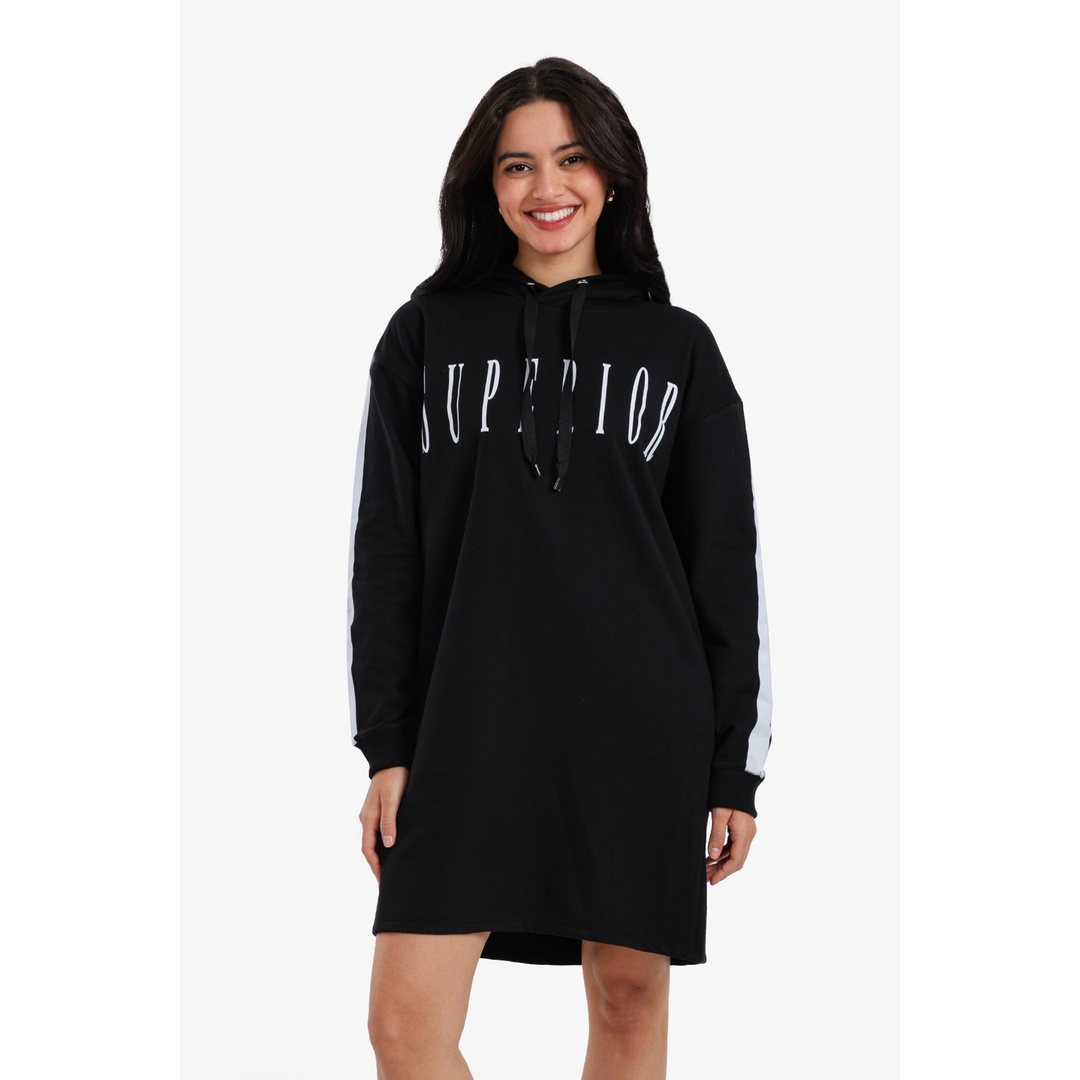 فستان سويت شيرت بغطاء رأس - أسود - 18319