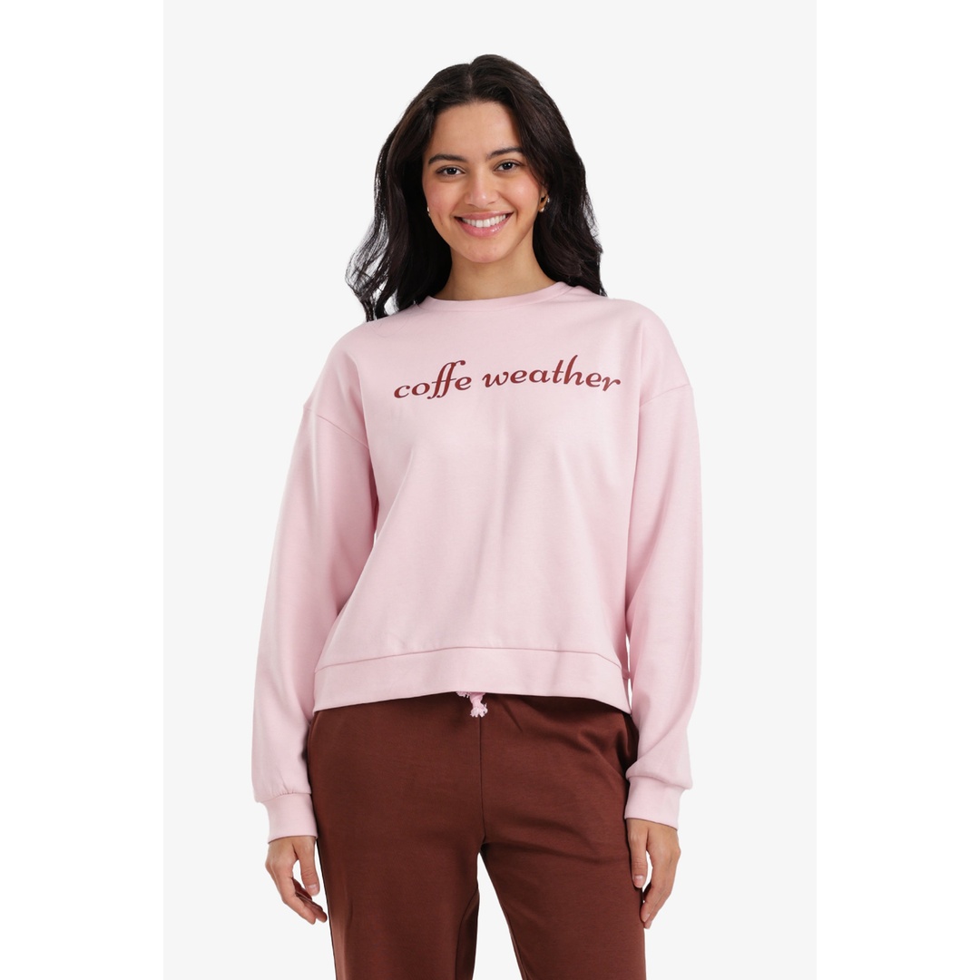 سويت شيرت مطبوع للارتداء المنزلي - بينك - 18382