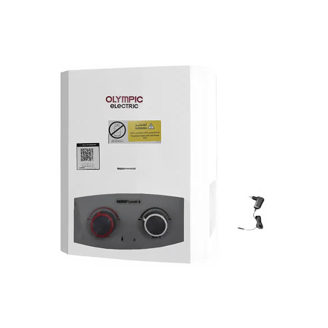 سخان مياة غاز اوليمبيك هيرو فلو - 6 لتر - بدون مدخنة - ادابتر - أبيض - 945105586