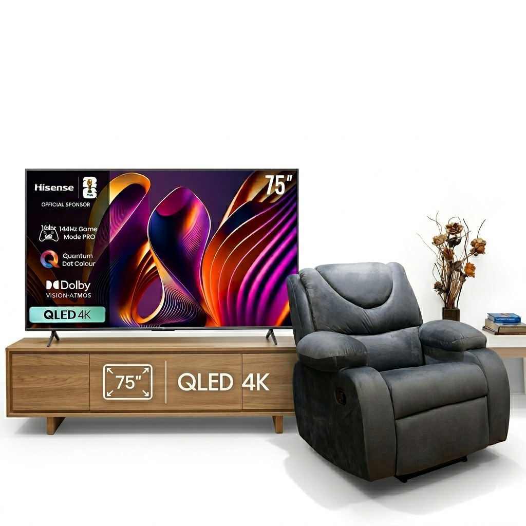 تلفزيون سمارت من هايسنس 75 بوصة - 4K QLED - أسود - 75Q7N مع كرسي إسترخاء خشب زان و قماش كتان