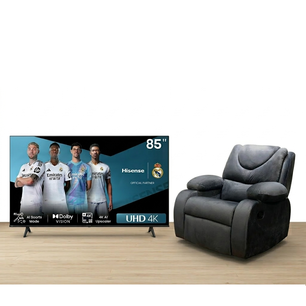 تلفزيون سمارت هايسينس 85 بوصة - 4K UHD - نظام تشغيل E6N-Dolby - أسود - 85A6N مع كرسي إسترخاء خشب زان و قماش كتان