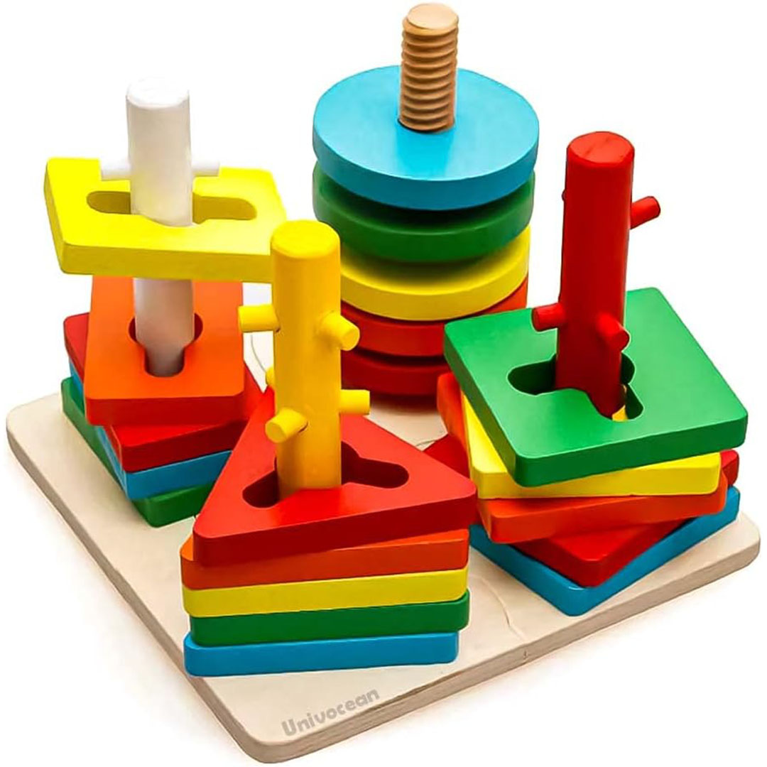 أحجية خشبية قابلة للتكديس بتصميم هندسي مكونة من 4 اعمدة