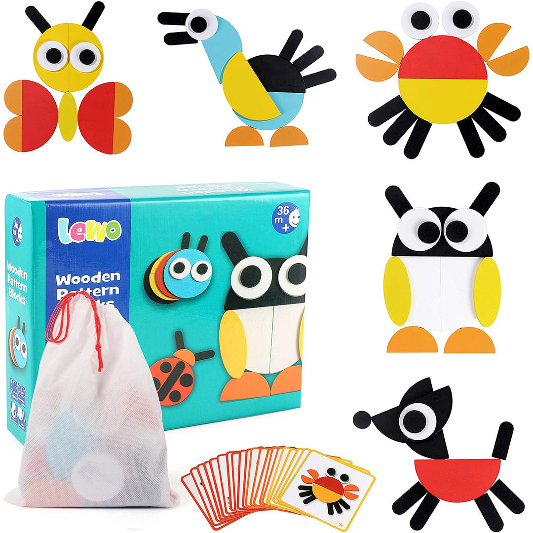 مكعبات بازل خشبية بأشكال هندسية مع 24 بطاقة - 130 قطعة