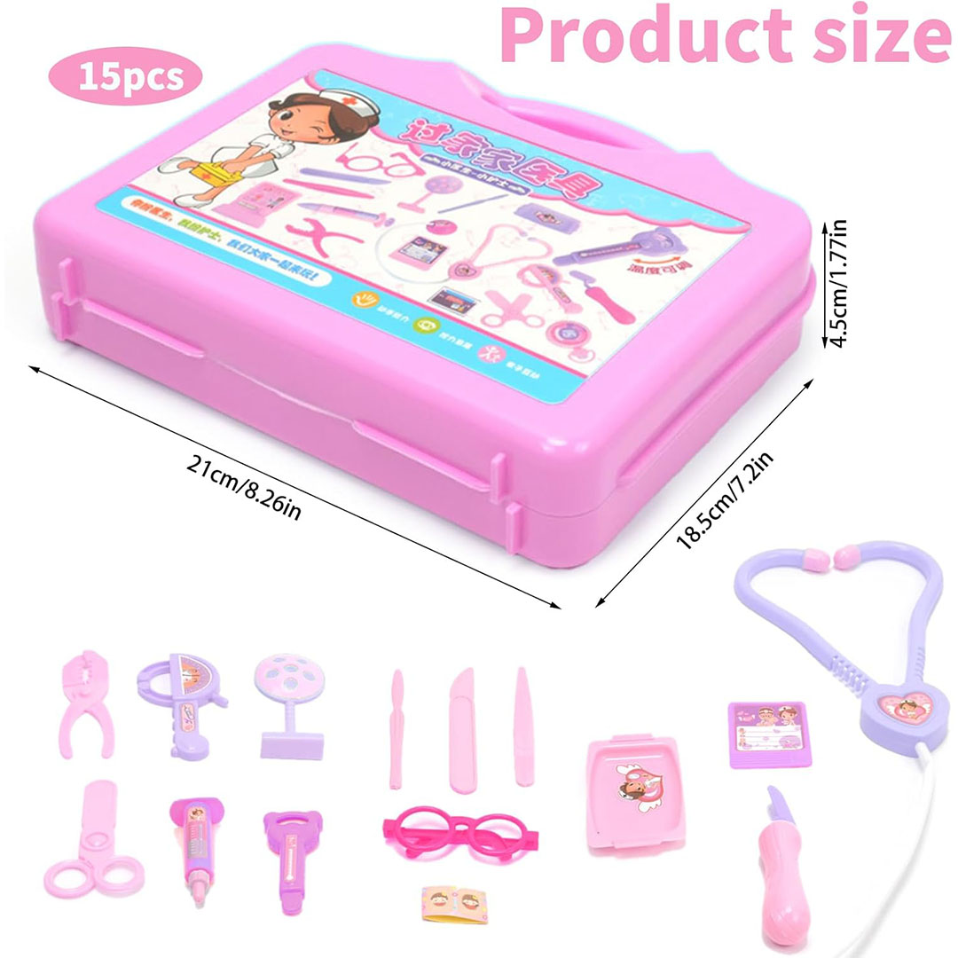 لعبة حقيبة الطبيب للأطفال - 15 قطعة - بينك